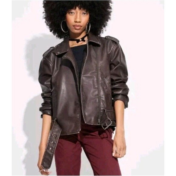 Women's NWT 3X Brown Faux Leather Oversized Zip Up Moto Biker Jacket  Wild Fable - Picture 8 of 8